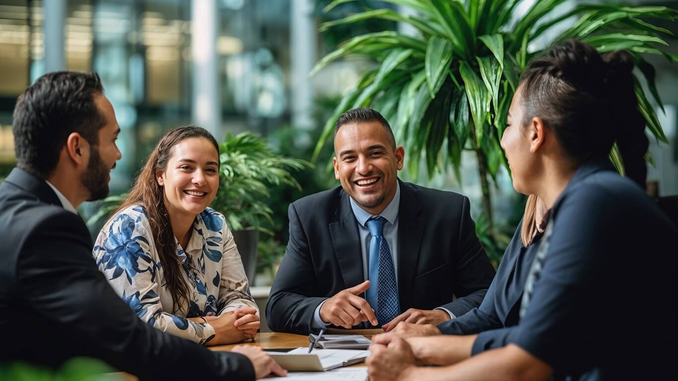 Community members in conversation around a table
