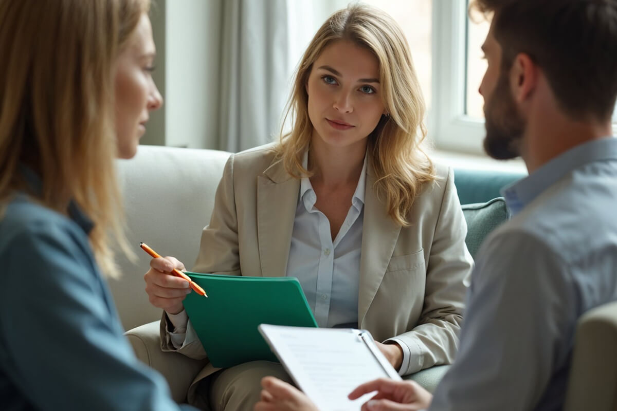 A specialist in discussion with two people at a meeting