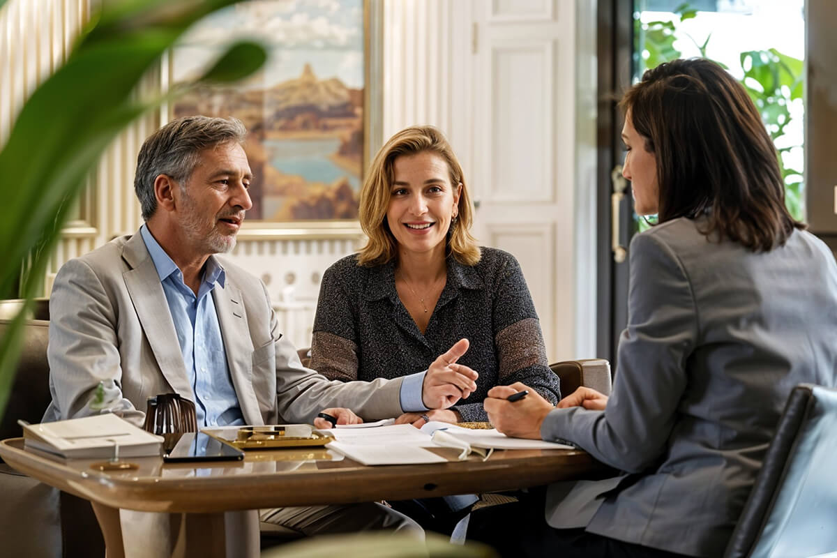Three people meeting around a table
